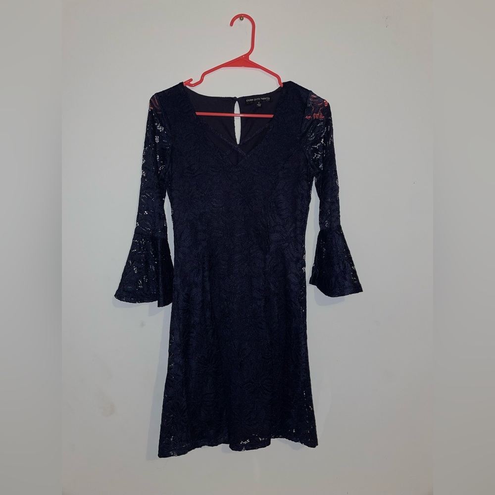 Three Pink Hearts- Quarter Sleeve dress in Navy blue- Size Medium